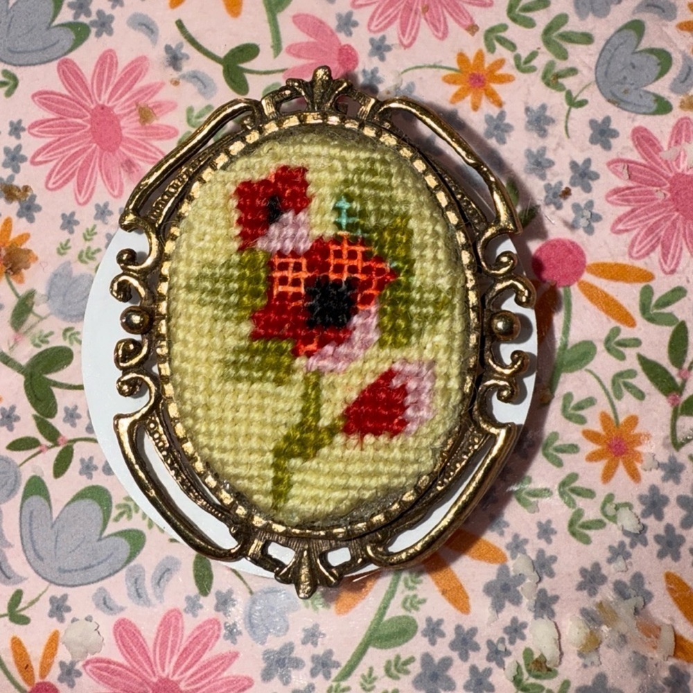 Vintage 1970’s Floral Needlepoint Brooch or Pendant with Gold Frame